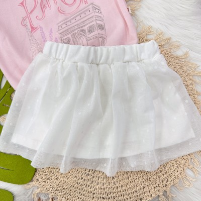 Conj. Blusão de Moletom Paris e Short Saia Tule com Mini-Losangolos - Rosa e Off White